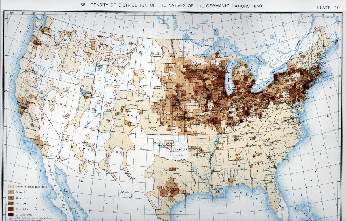 Map showing the density of distribution of the natives of the Germanic nations within the U.S., 1890