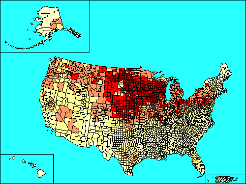 Census map showing distribution of German Americans as of 2000