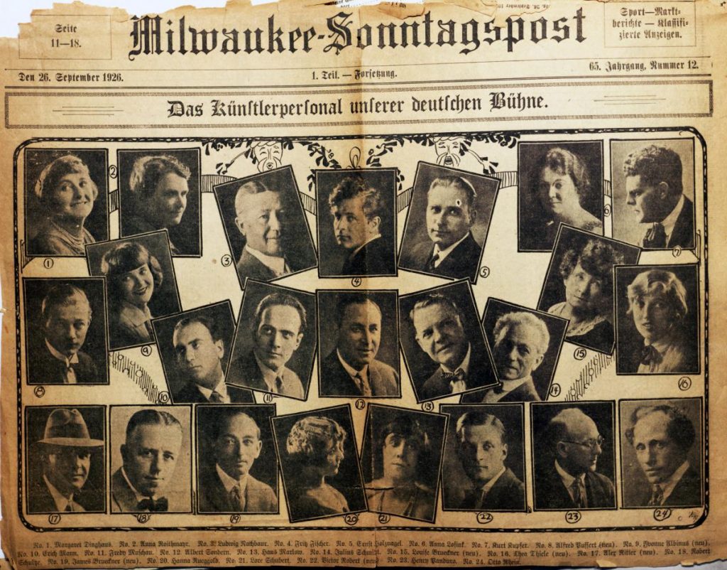 A large image from the Milwaukee Sonntagspost, dated 26 September 1926, showing photographs of "the actors of our German stage."