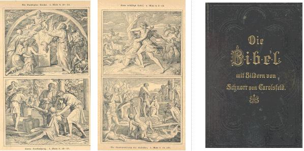 Illustrations from and cover of 'Die Bibel mit Bildern von Schnorr von Carolsfeld oder die Heilige Schrift des Alten und Neuen Testaments'