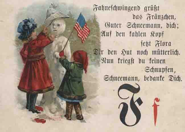 Page from German-language primer showing a snowman holding an American flag