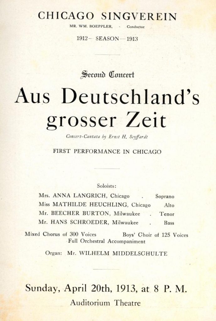 Announcement for the Chicago Singverein's April 20, 1913, performance.