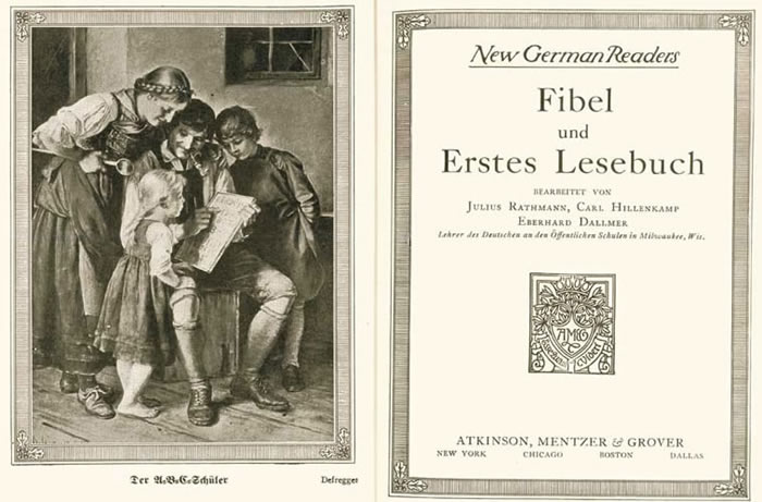 Cover and frontispiece illustration for the Fibel und Erstes Lesebuch. The illustration shows a seated father, pointing to letters written out to two young girls. The mother looks over the father's shoulder.