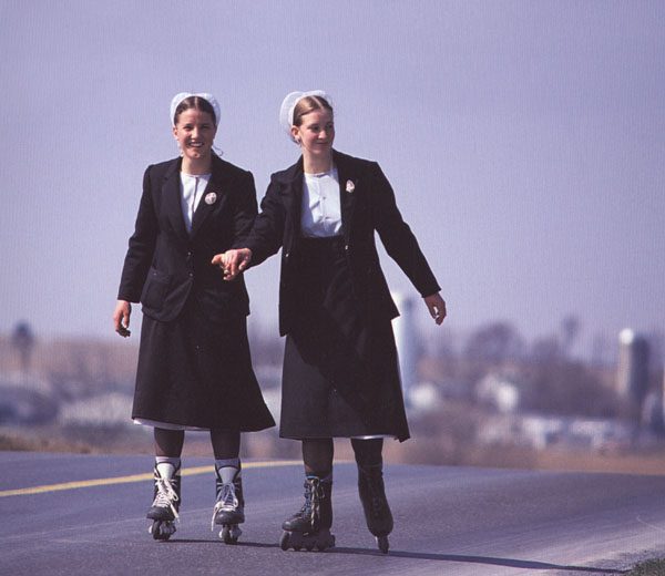 Amish girls roller blading
