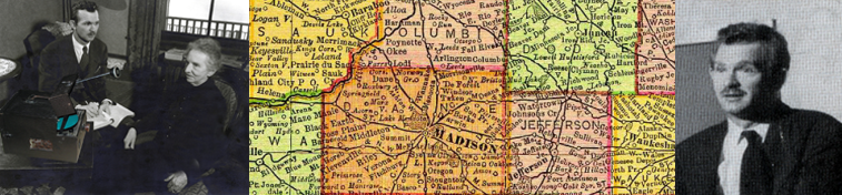 A graphic banner for the Seifert Project, showing a collage of images: a young Lester Seifert interviewing an elderly woman, a portion of a map showing counties in south central Wisconsin, and a photograph of Professor Lester Seifert.