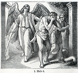 A page from Der Bilder-Katechismus, 1879, showing the expulsion of Adam and Eve from the Garden of Eden