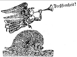 An winged angel flies over a porcupine. The angel blows a horn, from which the word Pressfreiheit emerges