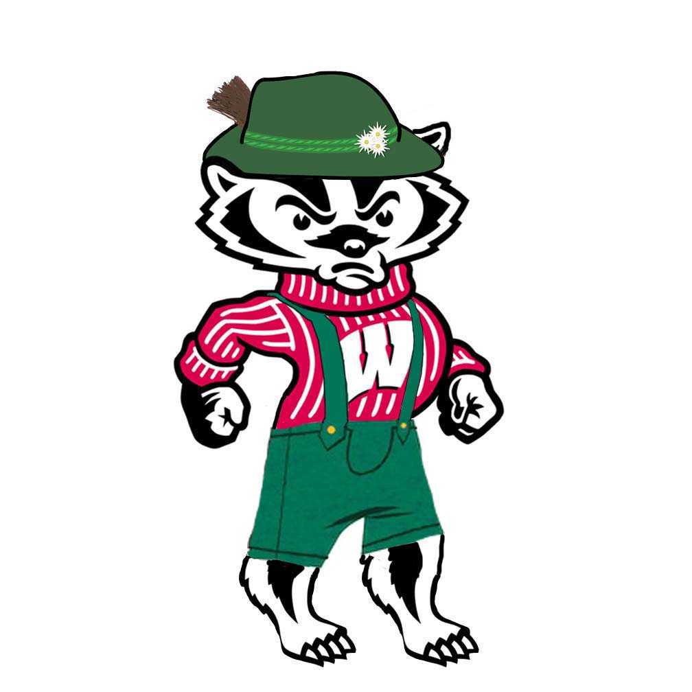 Buckingham U. Badger dressed in a Bavarian hat and lederhosen