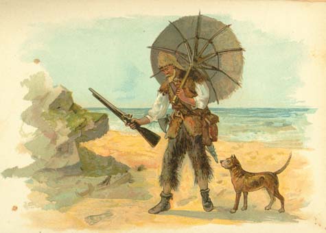 Robinson Crusoe discovers a footprint in the sand