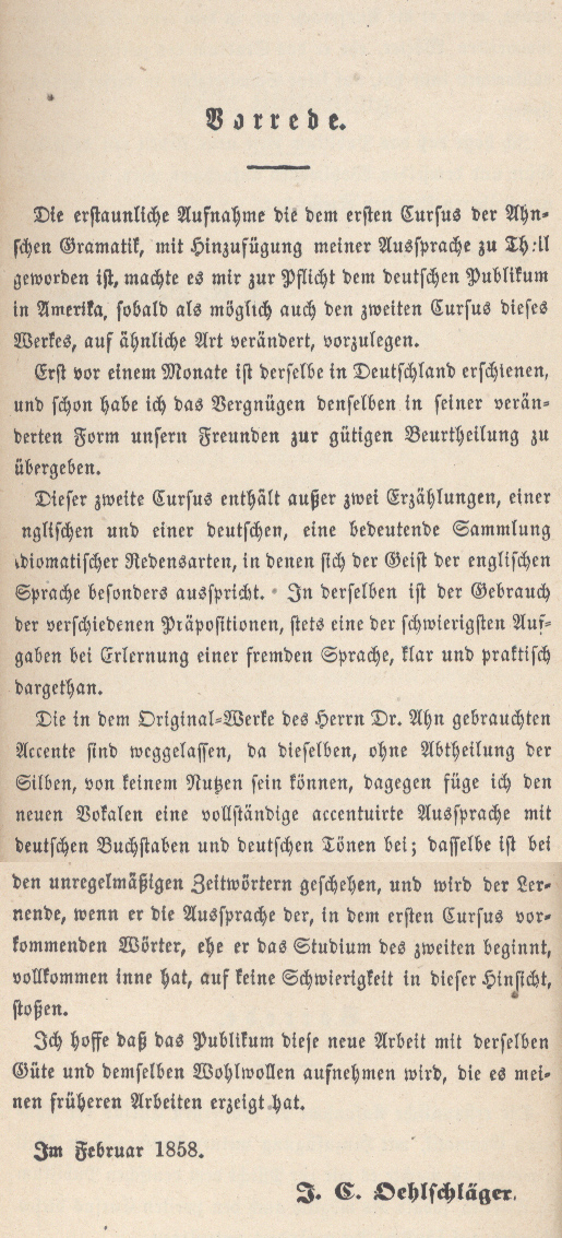 The Vorrede, or preface, of Ahn's Praktischer Lehrgang zur schnellen und leichten Erlernung der Englischen Sprache