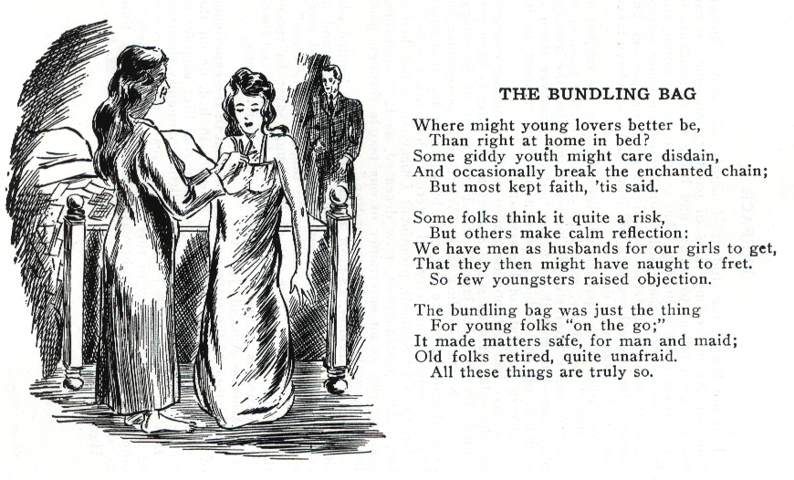 A young woman is helped into a bundling bag by another woman. A man in a suit stands in the background.