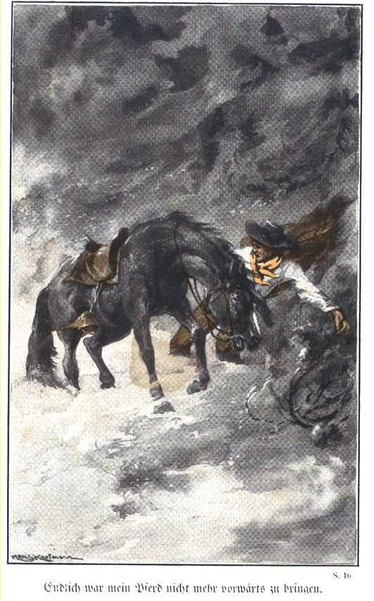 Image from Kretzmann's Gottesw Wunderwege, showing a man and horse in a storm