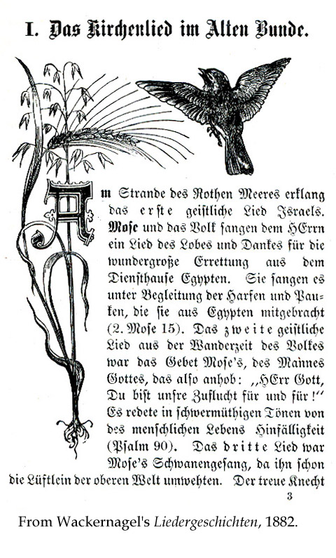 A page from Wackernagel's Liedergeschichten, 1882. The page features an ornate initial letter "A", behind which stands an uprooted plant with delicate, downward-facing flowers. A bird, possibly a sparrow, appears to hover with wings outstretched above the text.