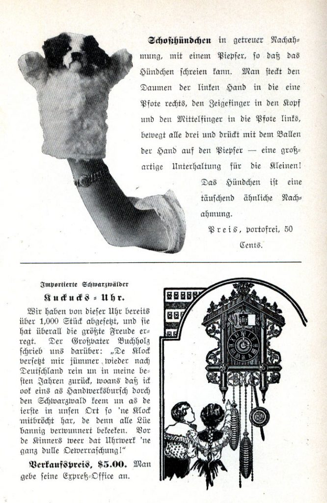 Advertisements for hand puppets and a cuckoo clocks