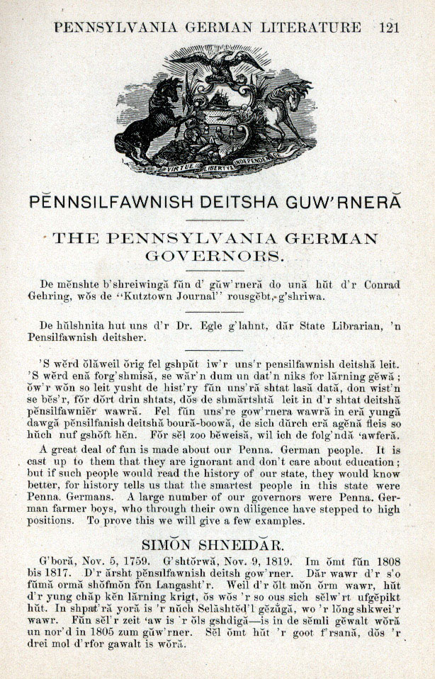 The first page of information on Pennsylvania German Governors