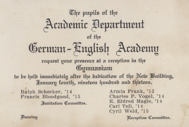 The pupils of the Academic Department of the German-English Academy request your presence at a reception in the Gymnasium, 1913