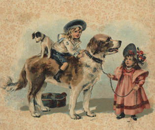 A boy and a small dog sit on a large dog. A girl holds the leash of the large dog.