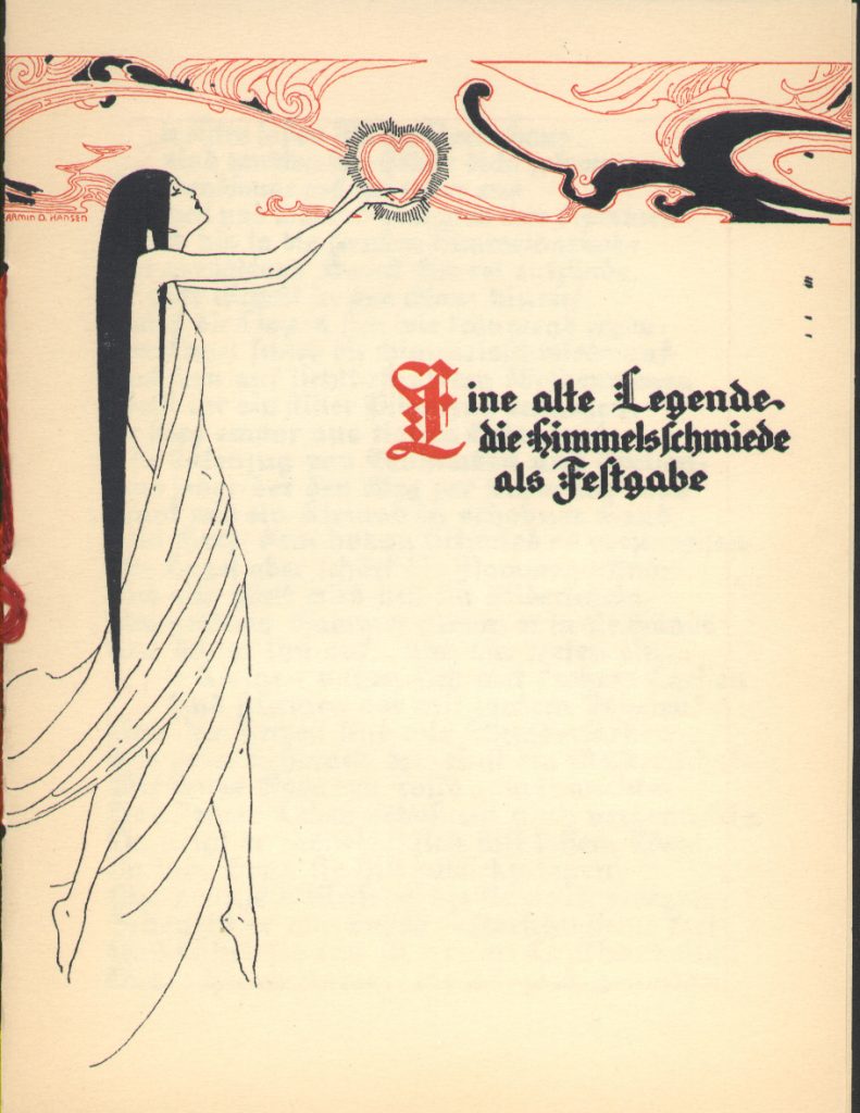 Cover of Baum's Eine alte Legende. In Art Nouveau style, depicts a slender woman holding a heart aloft in her hands.