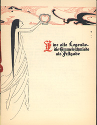 Cover of Baum's Eine alte Legende. In Art Nouveau style, depicts a slender woman holding a heart aloft in her hands.