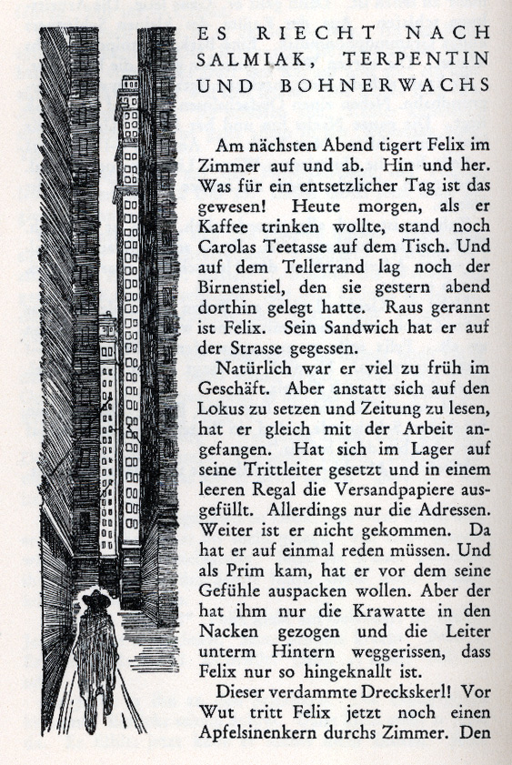 A page from Felix contra U.S.A, showing a man with a hat walking between tall, dark buildings.