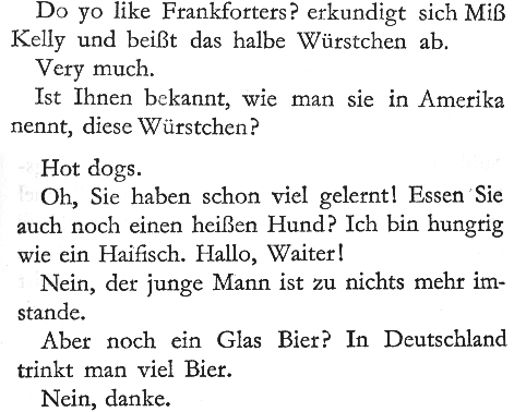 Text from "Kleine Liebe zu Amerika" regarding heisse Hunde, or hot dogs