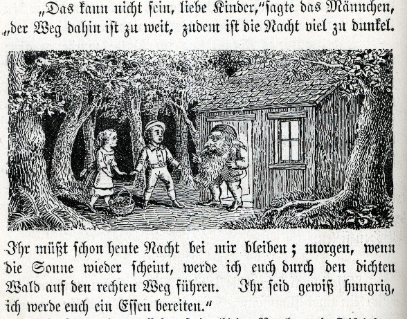 A dwarf tells a boy and a girl they should stay the night at his house.
