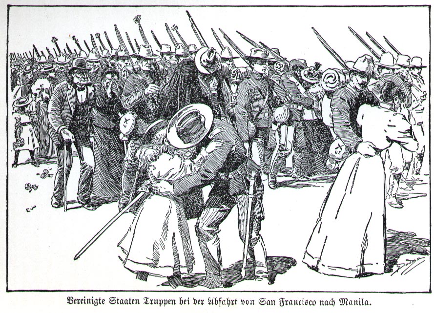 Illustration showing U.S. troops leaving from San Francisco to Manila.