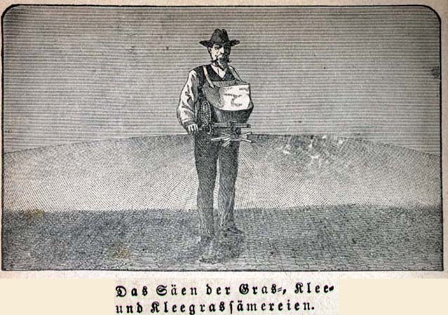 An illustration showing the sowing of seeds using a spreader that hangs over one's neck. A crank wheel disperses the seeds.