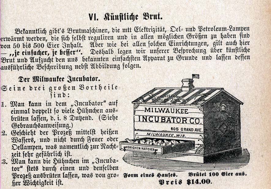 Advertisement for the Milwaukee Incubator chicken hatcher, from Wernich's Unsere Hausthiere in gesundem und krankem Zustande, 1893.