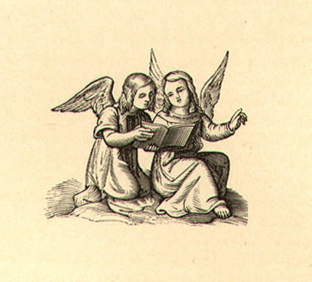 Two young angels, reading a book.