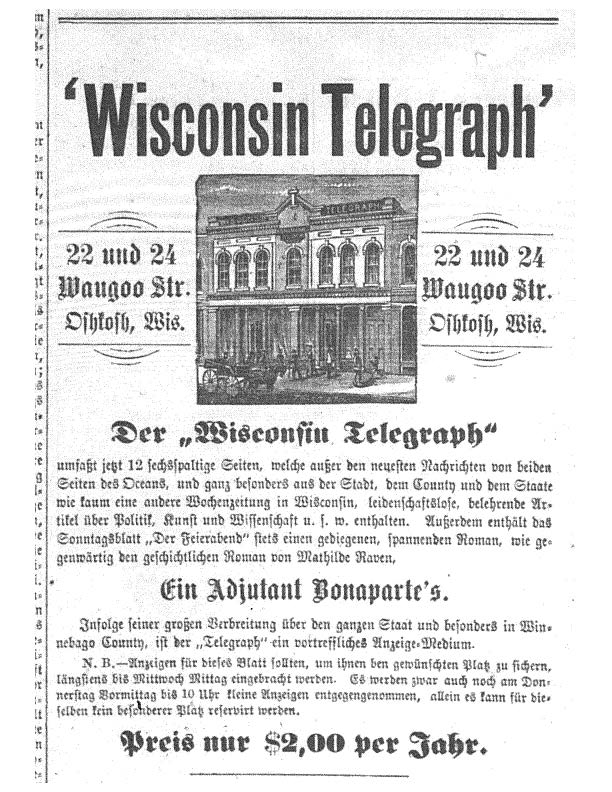 An advertisement for the Wisconsin Telegraph, in German