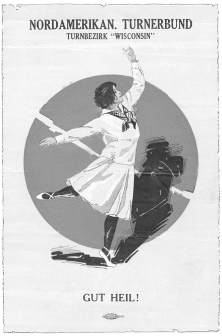 An image from the Nordamerikanischer Turnerbund, Turnbezirk Wisconsin. It shows a young woman in a white dress dancing, with both arms and one leg raised. Beneath the image are the words Gut Heil, or Good Health!