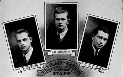 Staff of "The Black and Red," 1936–1937, p.443, showing three young men; Lester Seifert is in the middle.