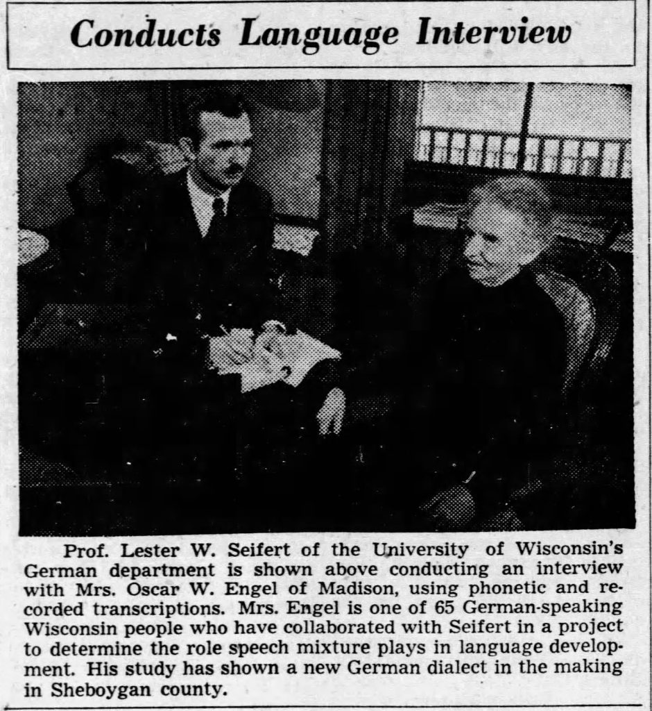 A clipping from the Sheboygan (Wisconsin) Press from February 2, 1949. It shows Lester Seifert, in jacket and tie, interviewing Mrs. Oscar W. Engel, of Madison, Wisconsin.