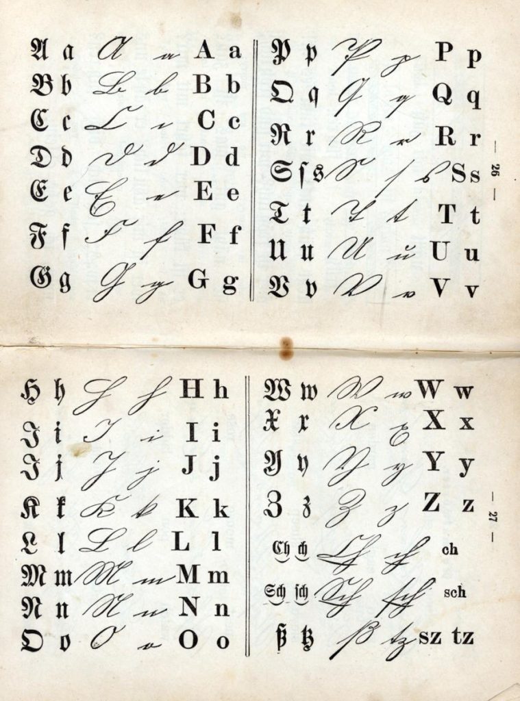 An image from a German American schoolbook, showing the letters of the alphabet in Fraktur, Kurrent, and roman.