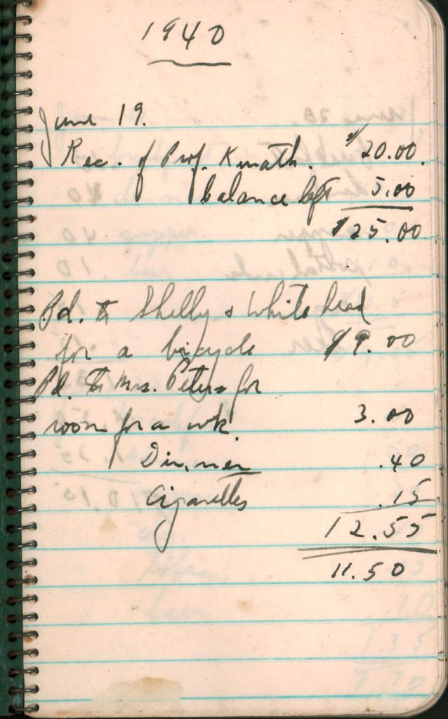 A page from Lester Seifert's journal, showing expenses.
