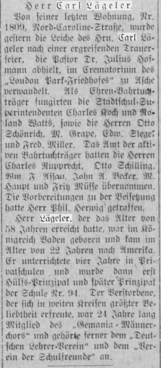 Obituary for Carl Lägeler, 1854-1914.