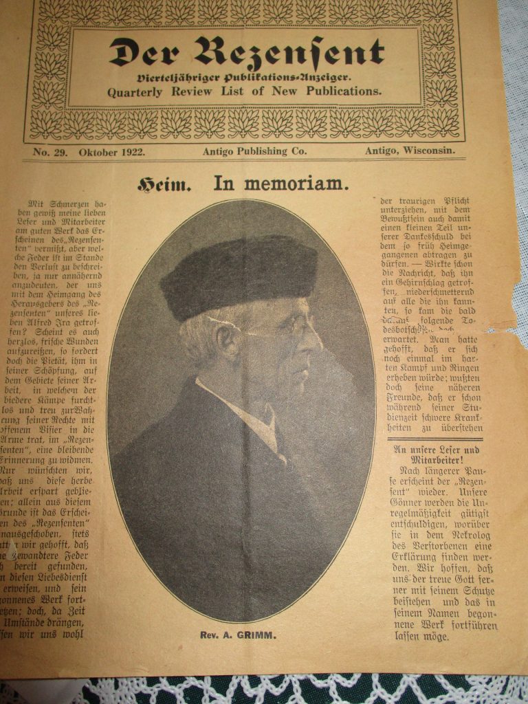 In Memoriam. Rev. A. Grimm, 1864-1922. Cover of the October 1922 issue of Der Rezensent, published in Antigo, Wisconsin.