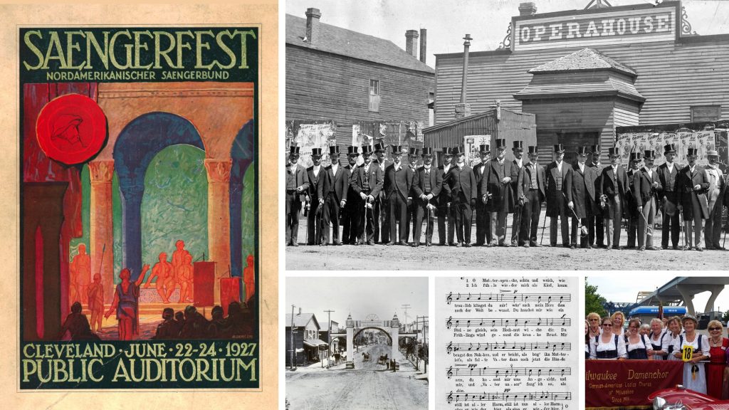 A collage of images related to German American singing societies and their large Saengerfests, which were held throughout the country