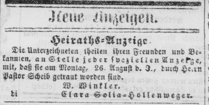Marriage announcement for W. Winkler and Clara Solia-Hollenweger.