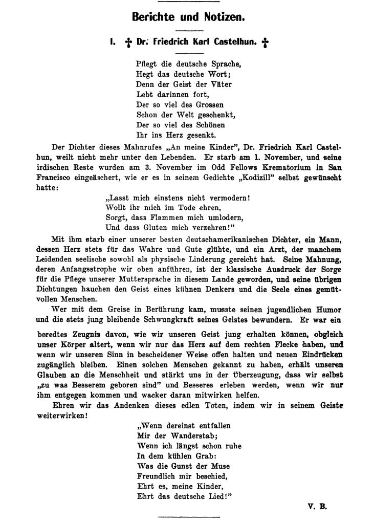 Notice of the death of Dr. Friedrich Karl Castelhun. Text in German.