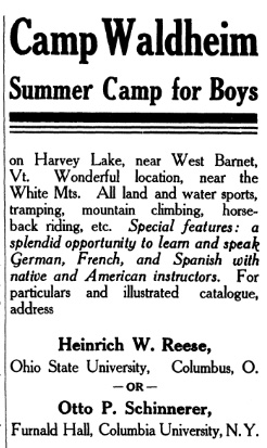 Advertisement for Camp Waldheim, Summer Camp for Boys, run by Heinrich W. Reese and Otto P. Schinnerer.