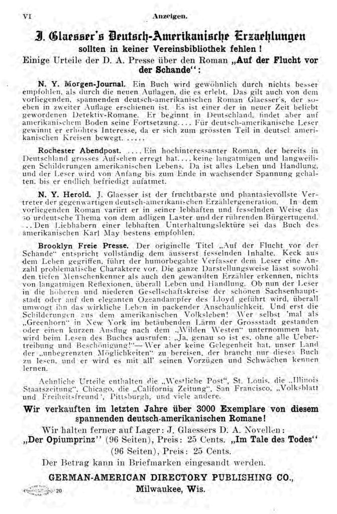 An advertisement for J. Glaesser's Deutsch-Amerikanische Erzaehlungen, with reviews of Auf der Flucht vor der Schande (1912) from the N. Y. Morgen-Journal, the Rochester Abendpost, the N. Y. Herold, and the Brooklyn Freie Presse.
