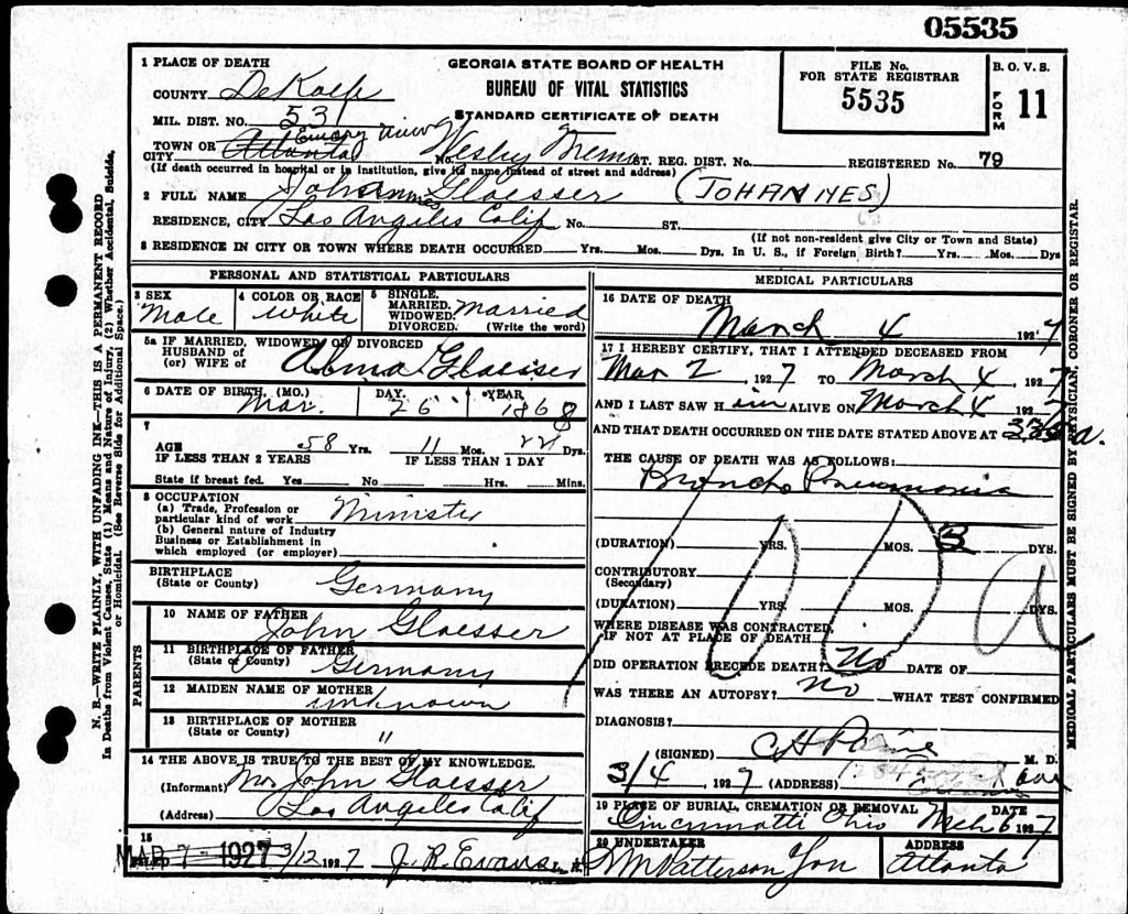 Death certificate for Johannes Glaesser, March 4, 1927, DeKalb County, Georgia. 