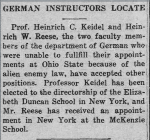 Newspaper announcement , from the Ohio State University Lantern, regarding Professors Heinrich C. Keidel and Heinrich W. Reese.