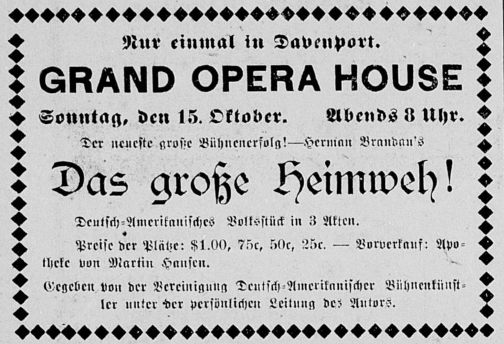Announcement for the play "Das grosse Heimweh!" by Hermann Brandau. Der tägliche Demokrat (Davenport, Iowa), 8 Oct. 1916