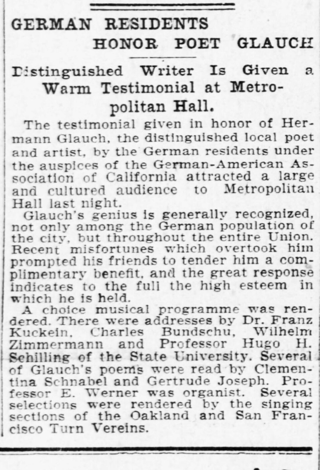 Newspaper report on German residents of Oakland, California, honoring local poet Hermann Glauch.